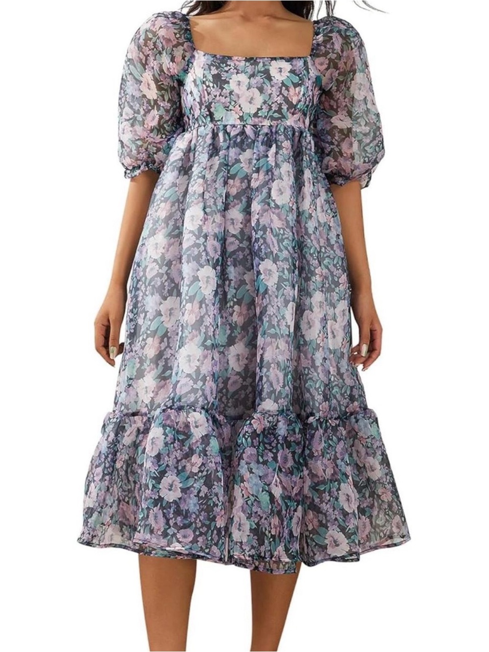 Floral Puff-Sleeve Midi Dress in Lavender